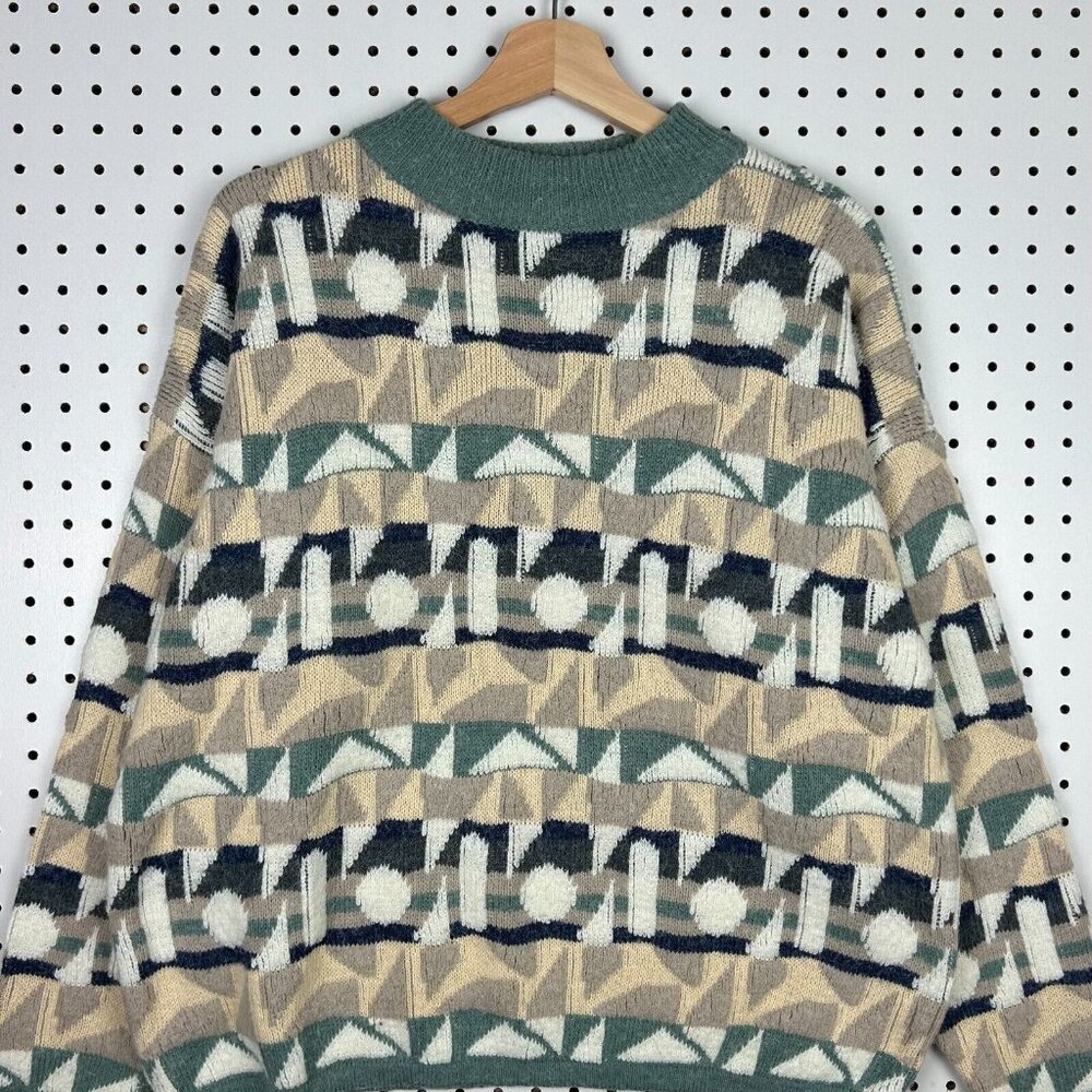 Tarazzia Chunky Knit Sweater‎ Women's Medium Green Cream Boxy Pattern Soft 90s